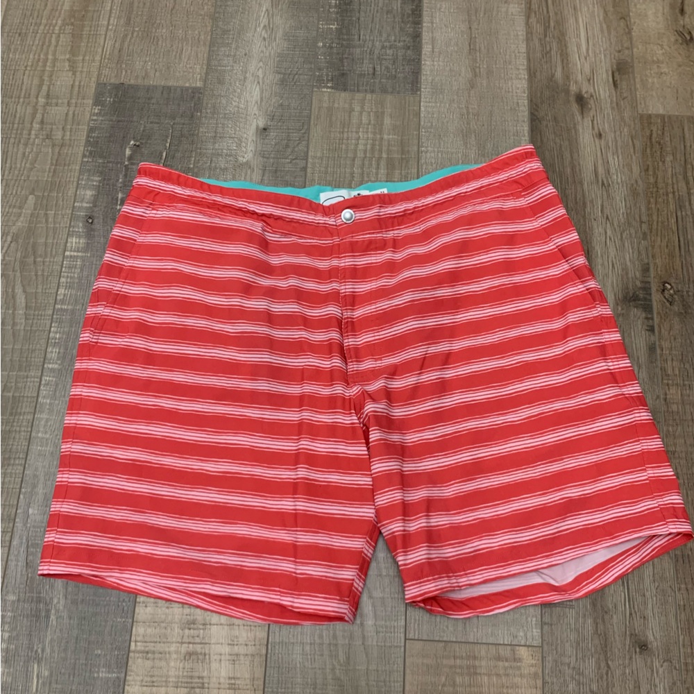 NWOT Bonobos Mens Swim Trunks Shorts Red White Stripe Waist Size 35
